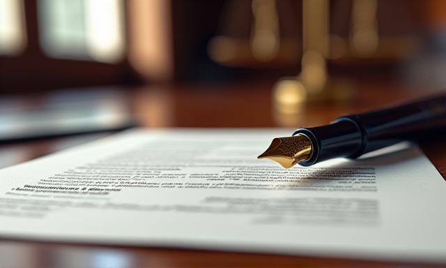 Legal documents and a pen on a mahogany desk