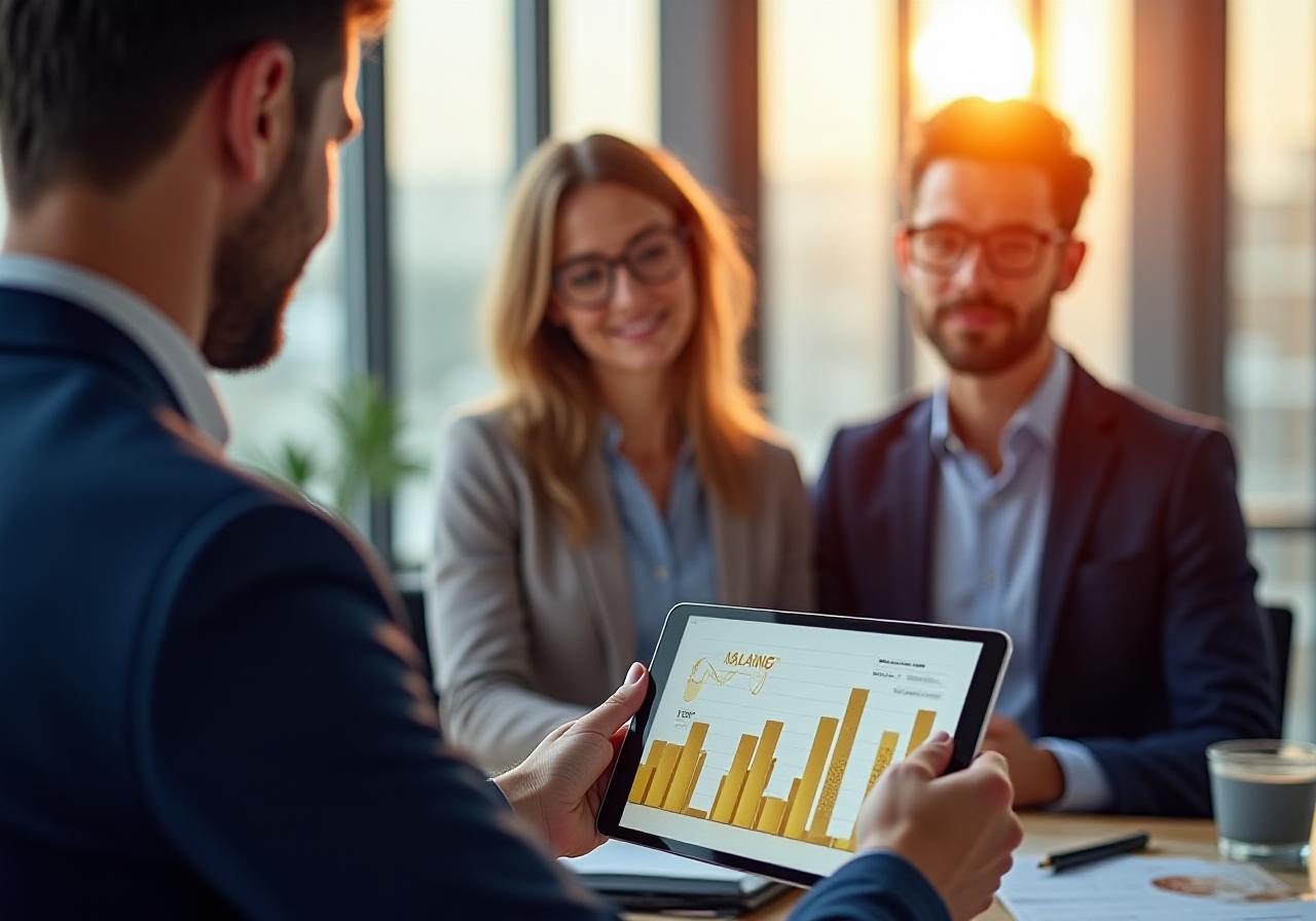 Professional financial advisor reviewing Irish state bonds with a client